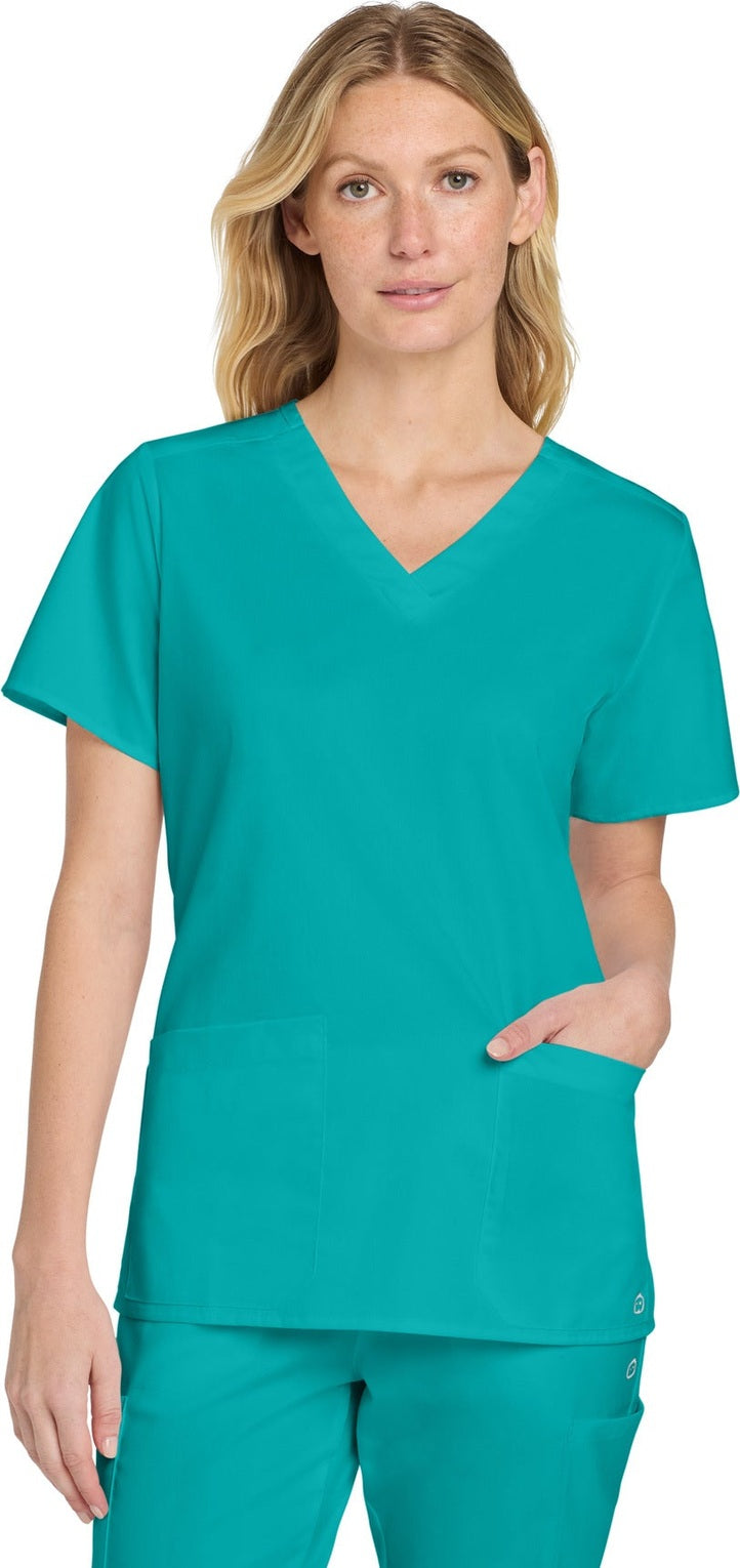 Front View of Teal Wink Women's WorkFlex V-Neck Top WW4560