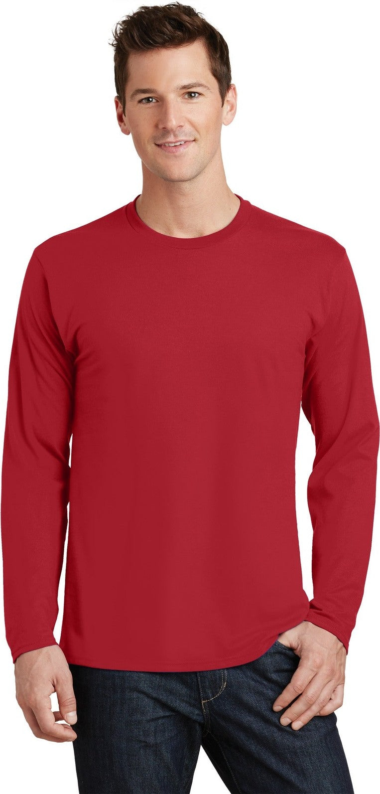 Front View of Team Cardinal Port & Co Long Sleeve Fan Favorite Tee. PC450LS