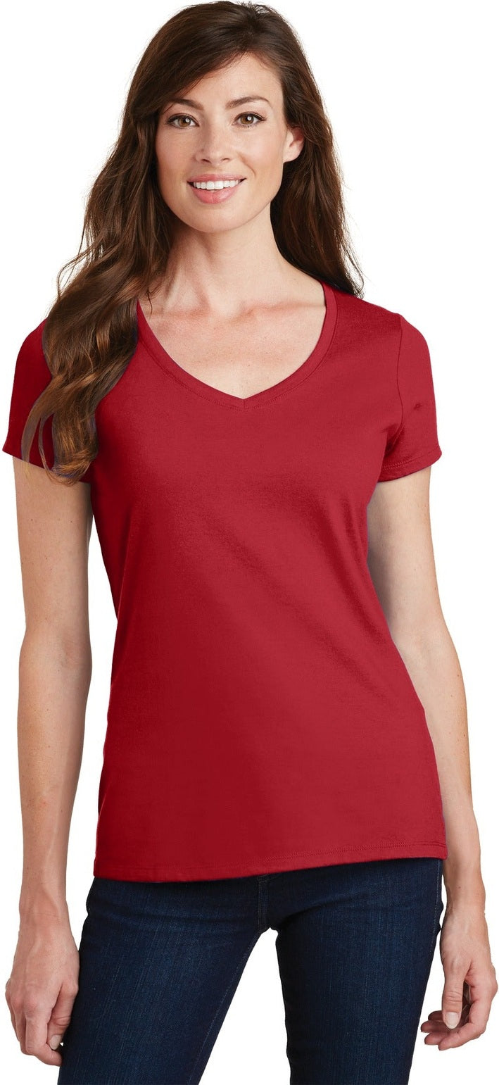 Front View of Team Cardinal Port & Co Women's Fan Favorite V-Neck Tee. LPC450V