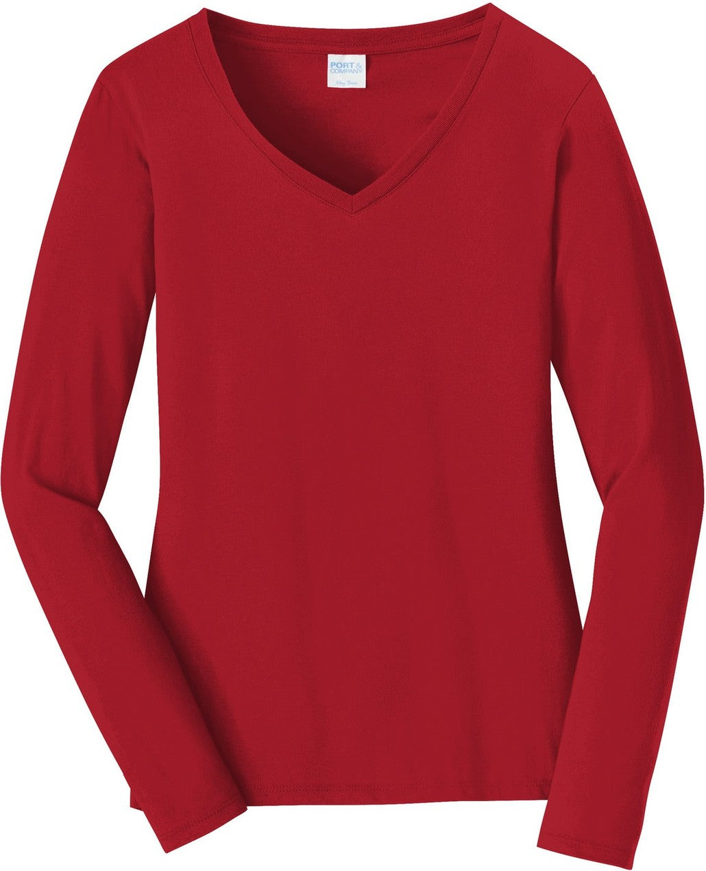 Front View of Team Cardinal Port & Co Women's Long Sleeve Fan Favorite V-Neck Tee. LPC450VLS