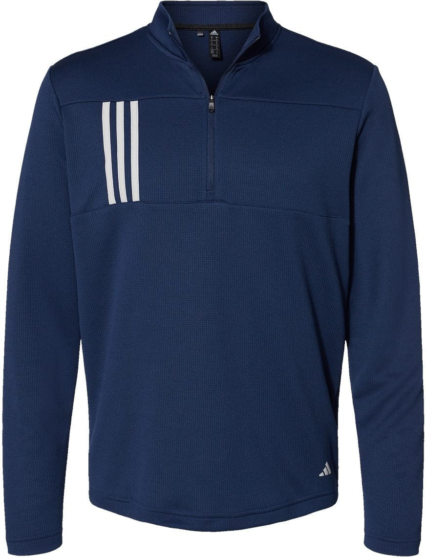 Front View of Team Navy Blue/ Grey Two 3-Stripes Double Knit Quarter-Zip Pullover - A482
