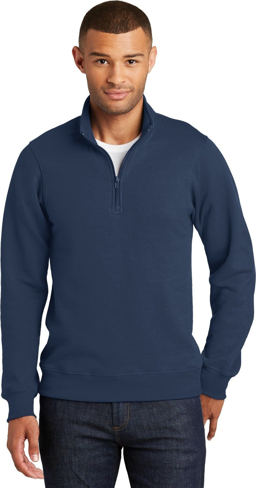 Front View of Team Navy Port & Co Fan Favorite Fleece 1/4-Zip Pullover Sweatshirt. PC850Q