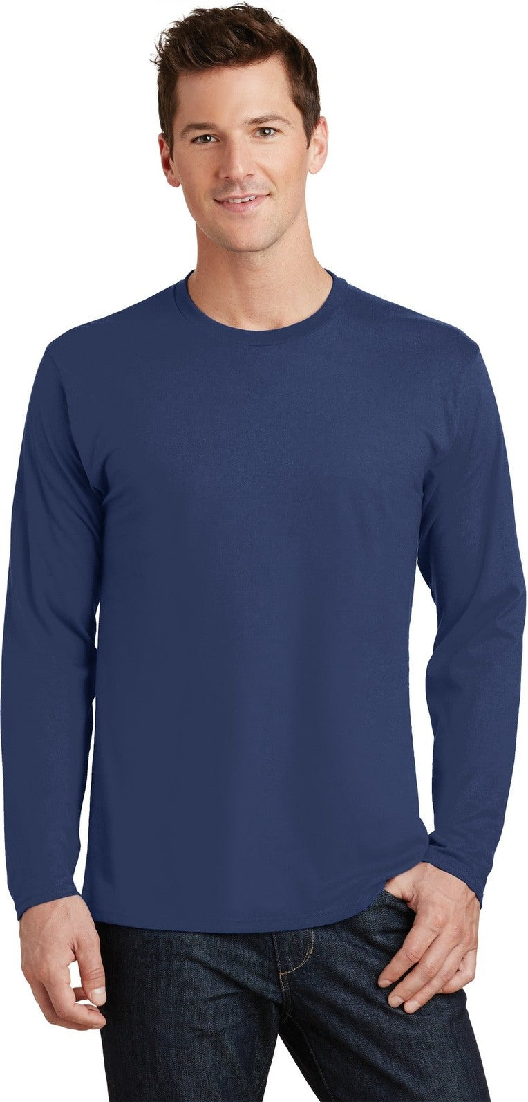 Front View of Team Navy Port & Co Long Sleeve Fan Favorite Tee. PC450LS
