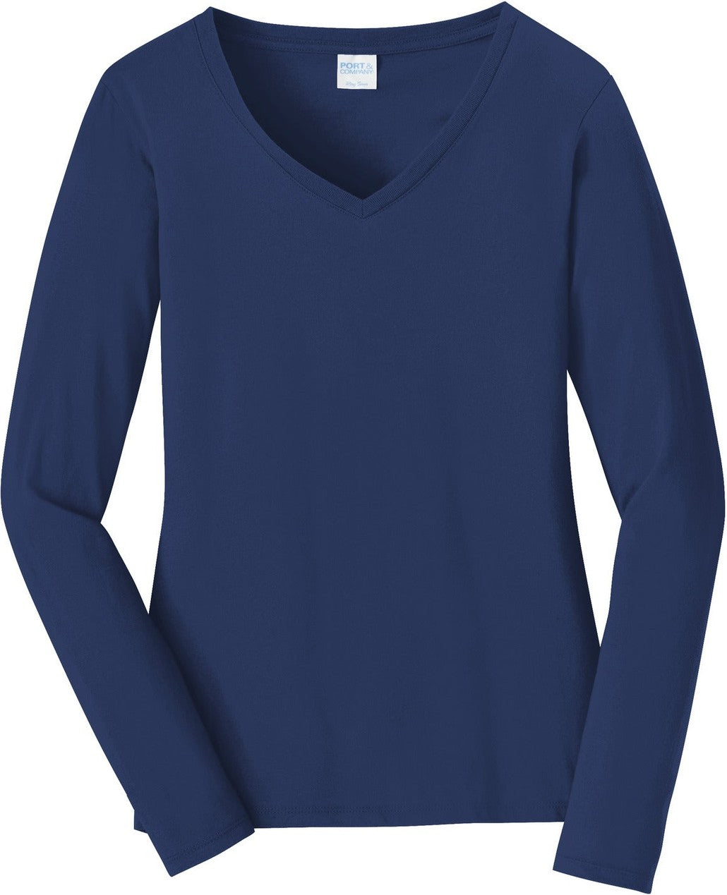 Front View of Team Navy Port & Co Women's Long Sleeve Fan Favorite V-Neck Tee. LPC450VLS