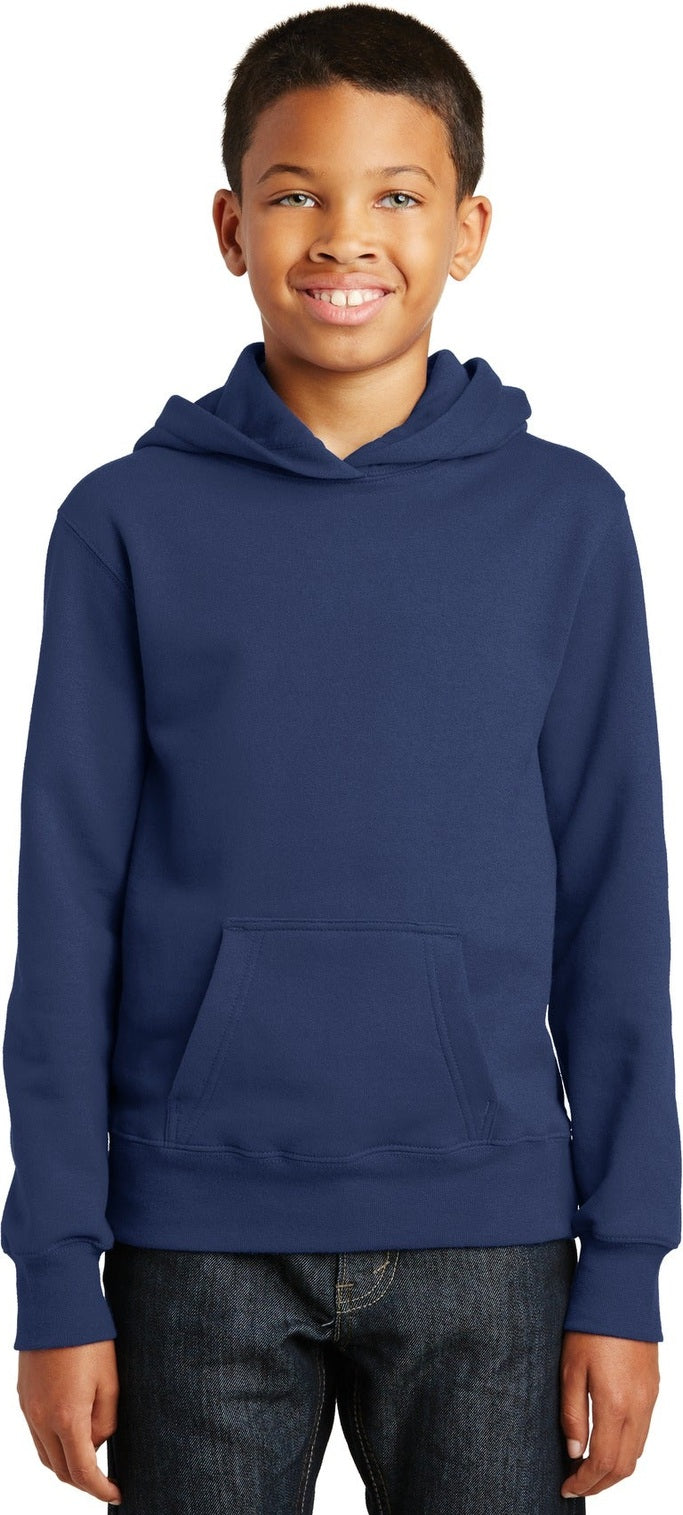 Front View of Team Navy Port & Co Youth Fan Favorite Fleece Pullover Hooded Sweatshirt. PC850YH