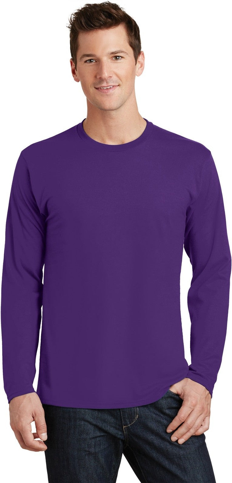 Front View of Team Purple Port & Co Long Sleeve Fan Favorite Tee. PC450LS