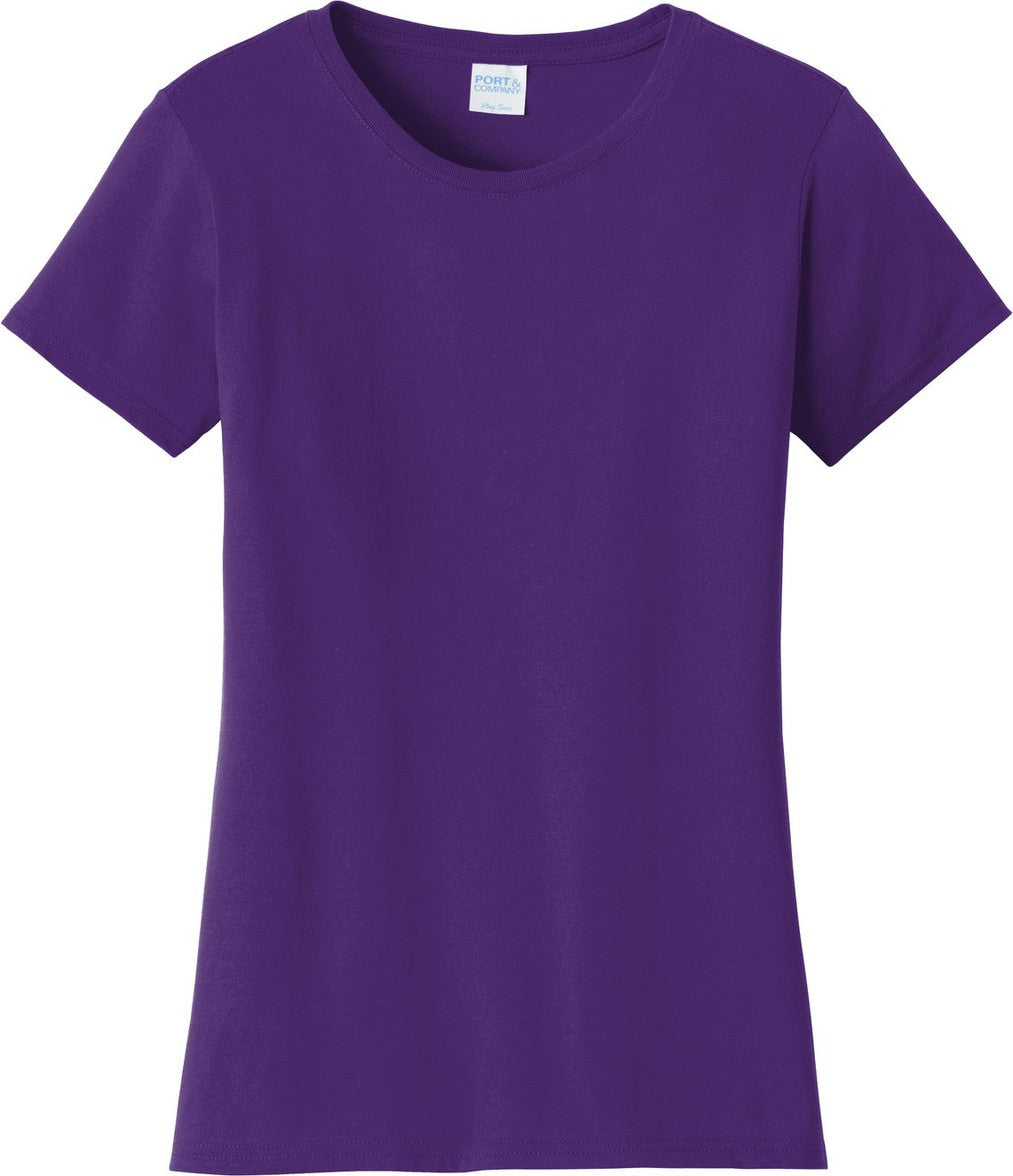 Front View of Team Purple Port & Co Women's Fan Favorite Tee. LPC450