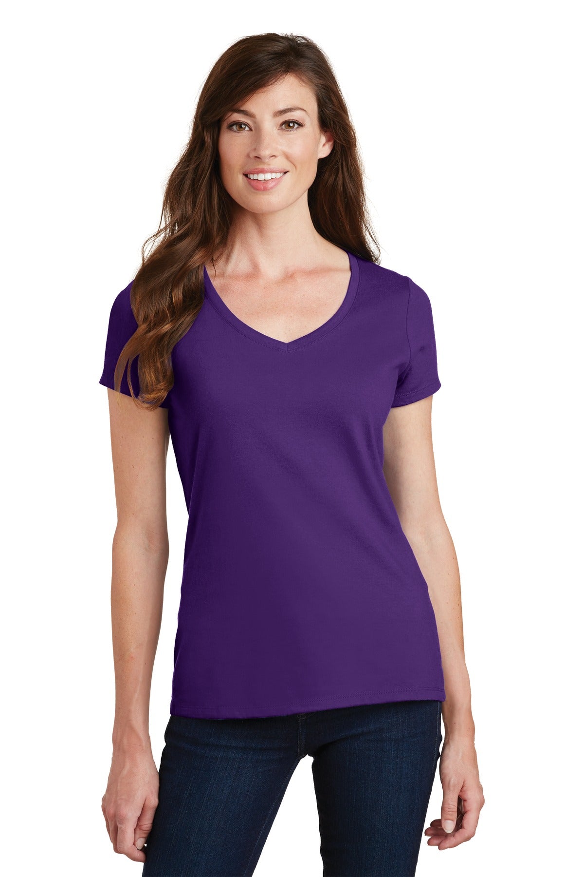 Front View of Team Purple Port & Co Women's Fan Favorite V-Neck Tee. LPC450V