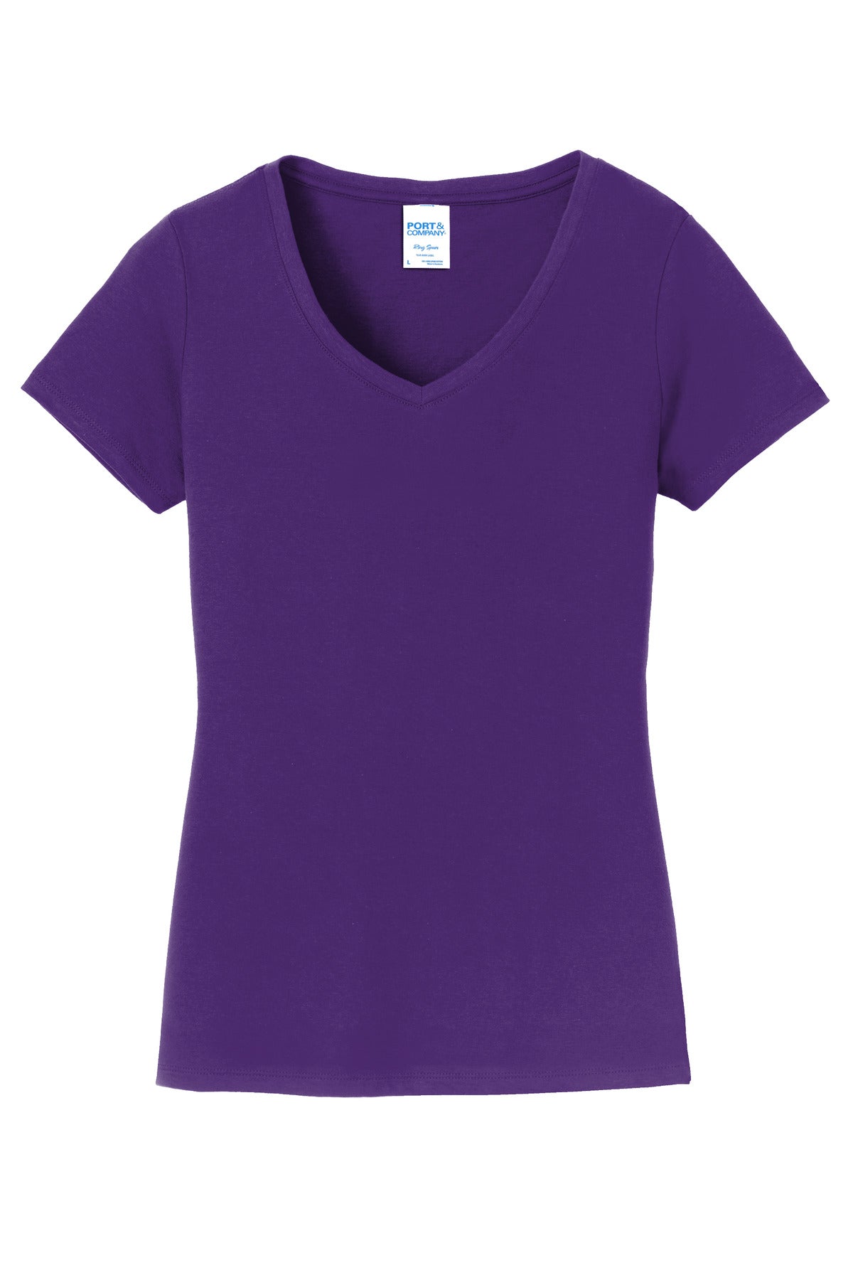 Front View of Team Purple Port & Co Women's Fan Favorite V-Neck Tee. LPC450V