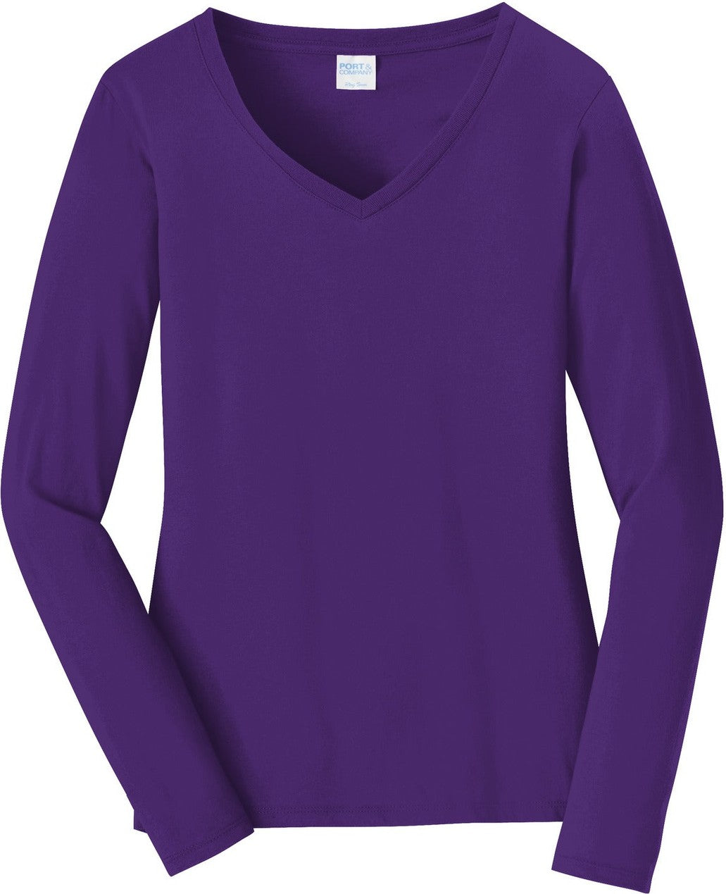Front View of Team Purple Port & Co Women's Long Sleeve Fan Favorite V-Neck Tee. LPC450VLS