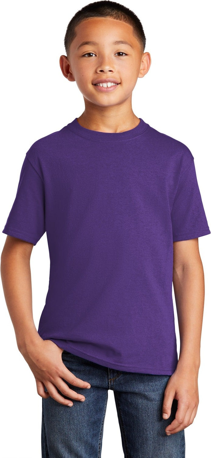Front View of Team Purple Port & Co Youth Core Cotton Tee. PC54Y