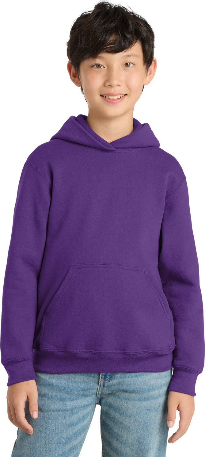 Front View of Team Purple Port & Co Youth Core Fleece Pullover Hooded Sweatshirt. PC90YH