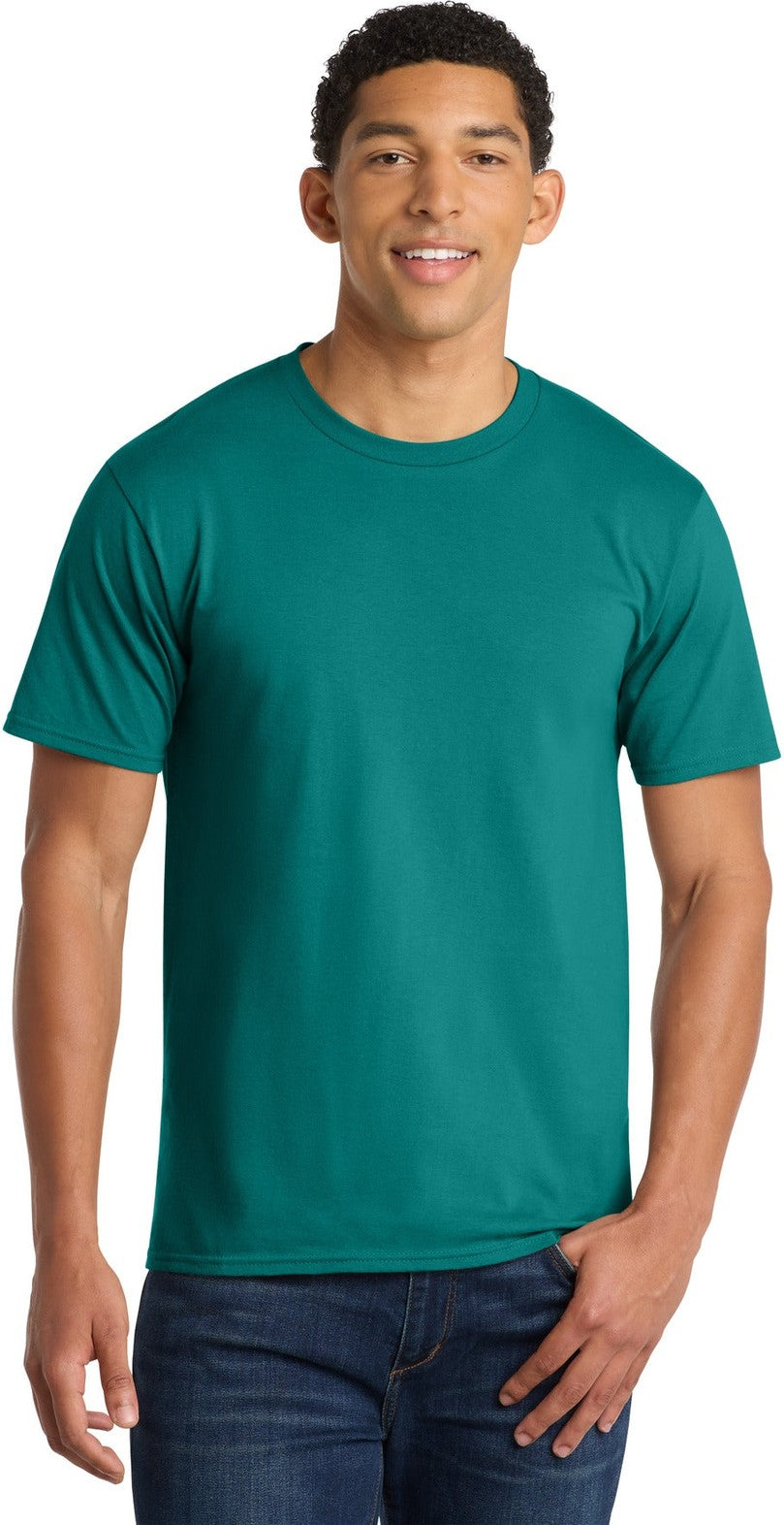 Front View of Team Teal Port & Co Fan Favorite Tee. PC450