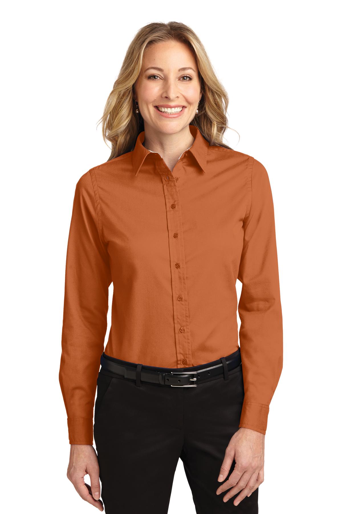 Front View of Texas Orange Port Authority Women's Long Sleeve Easy Care Shirt. L608
