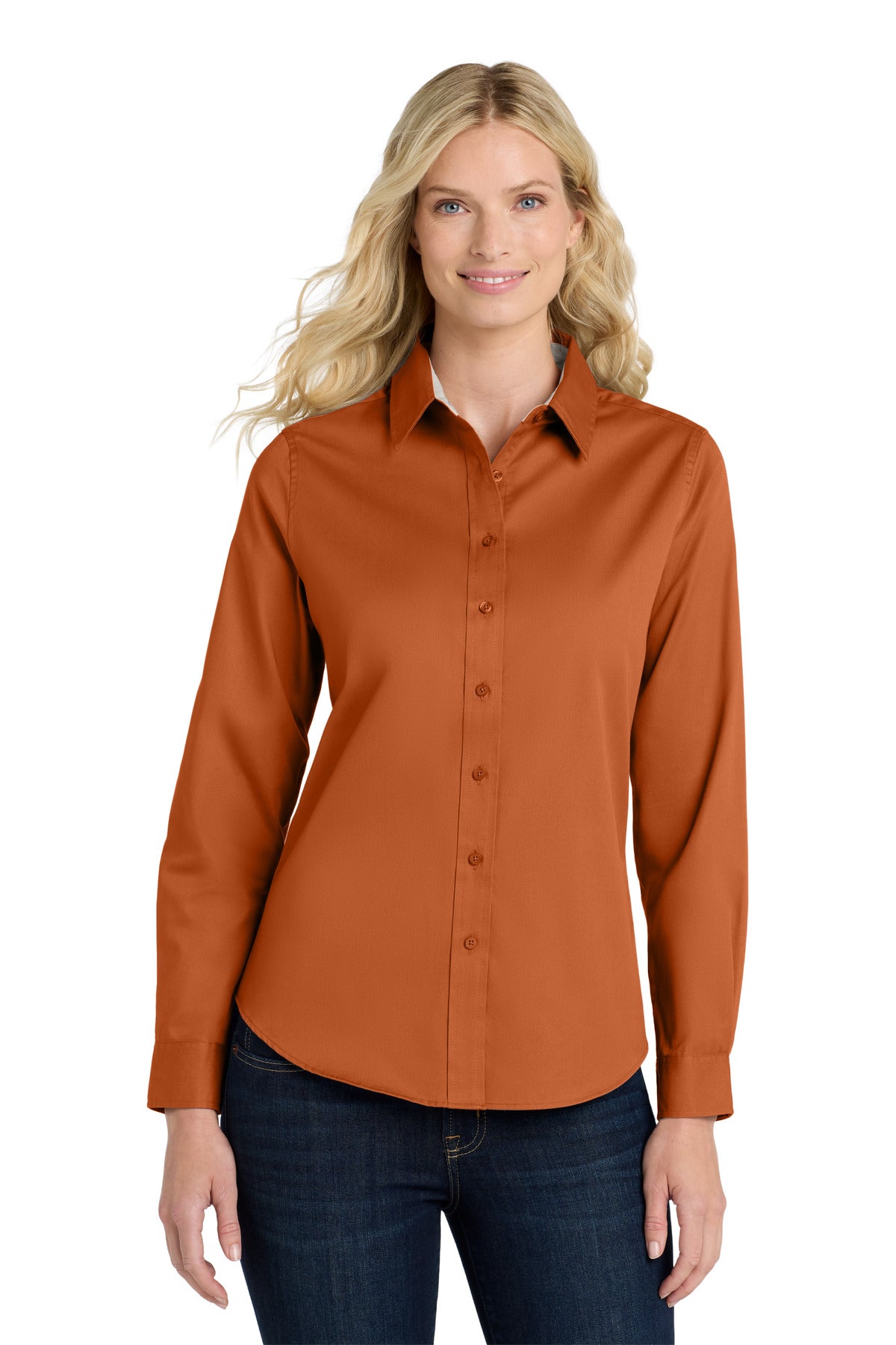 Front View of Texas Orange Port Authority Women's Long Sleeve Easy Care Shirt. L608
