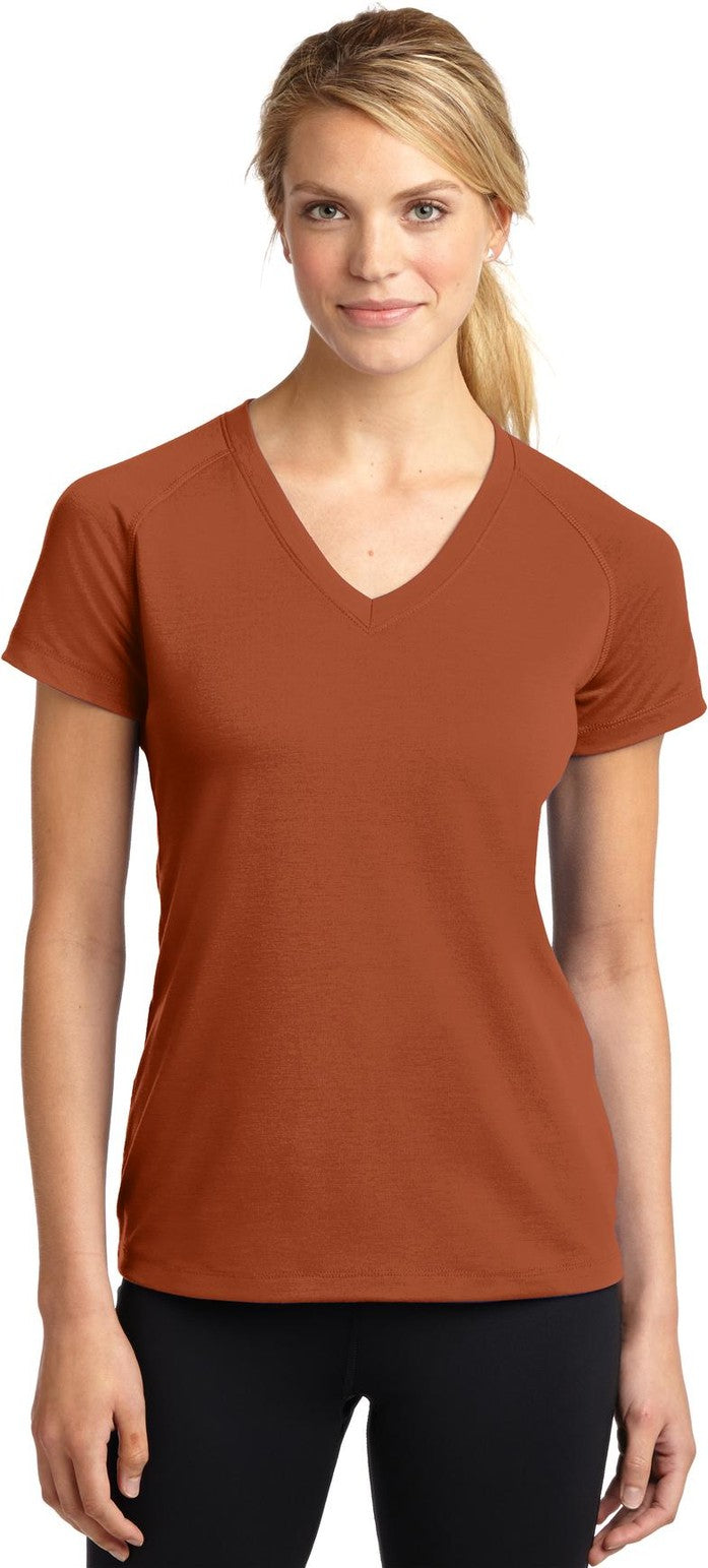 Front View of Texas Orange Sport-Tek Women's Ultimate Performance V-Neck. LST700