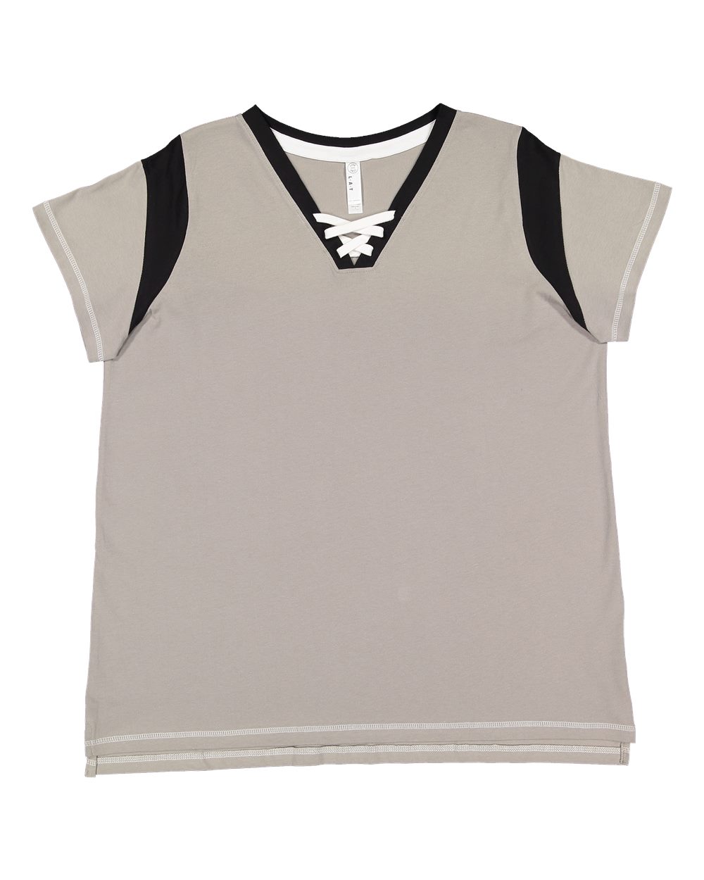 Front View of Titanium/ Black/ White Women's Curvy Lace Up Fine Jersey Tee - 3833