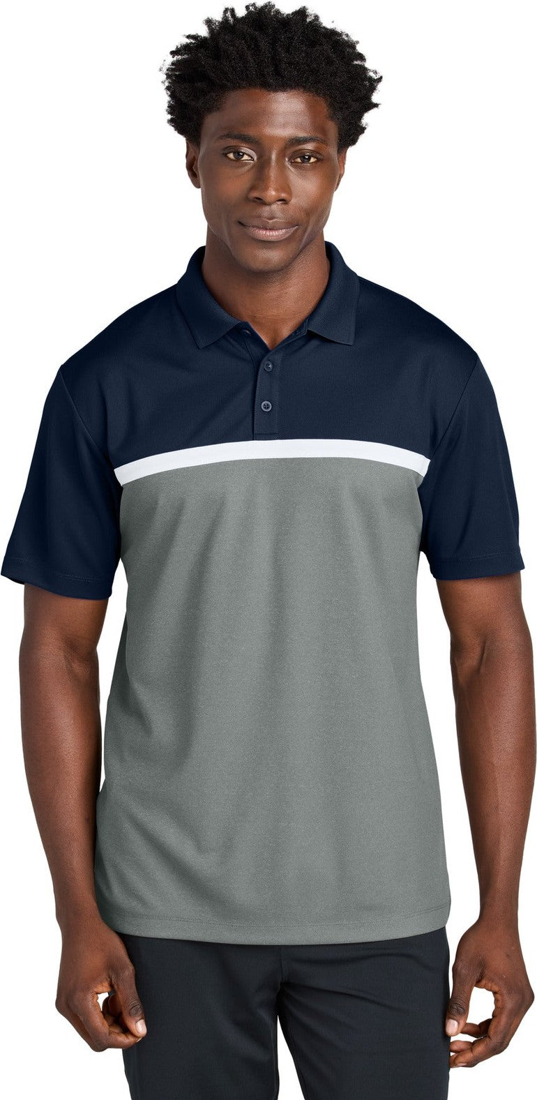 Front View of TNv/GCcH/W Sport-Tek UV Micropique Colorblock Polo ST741