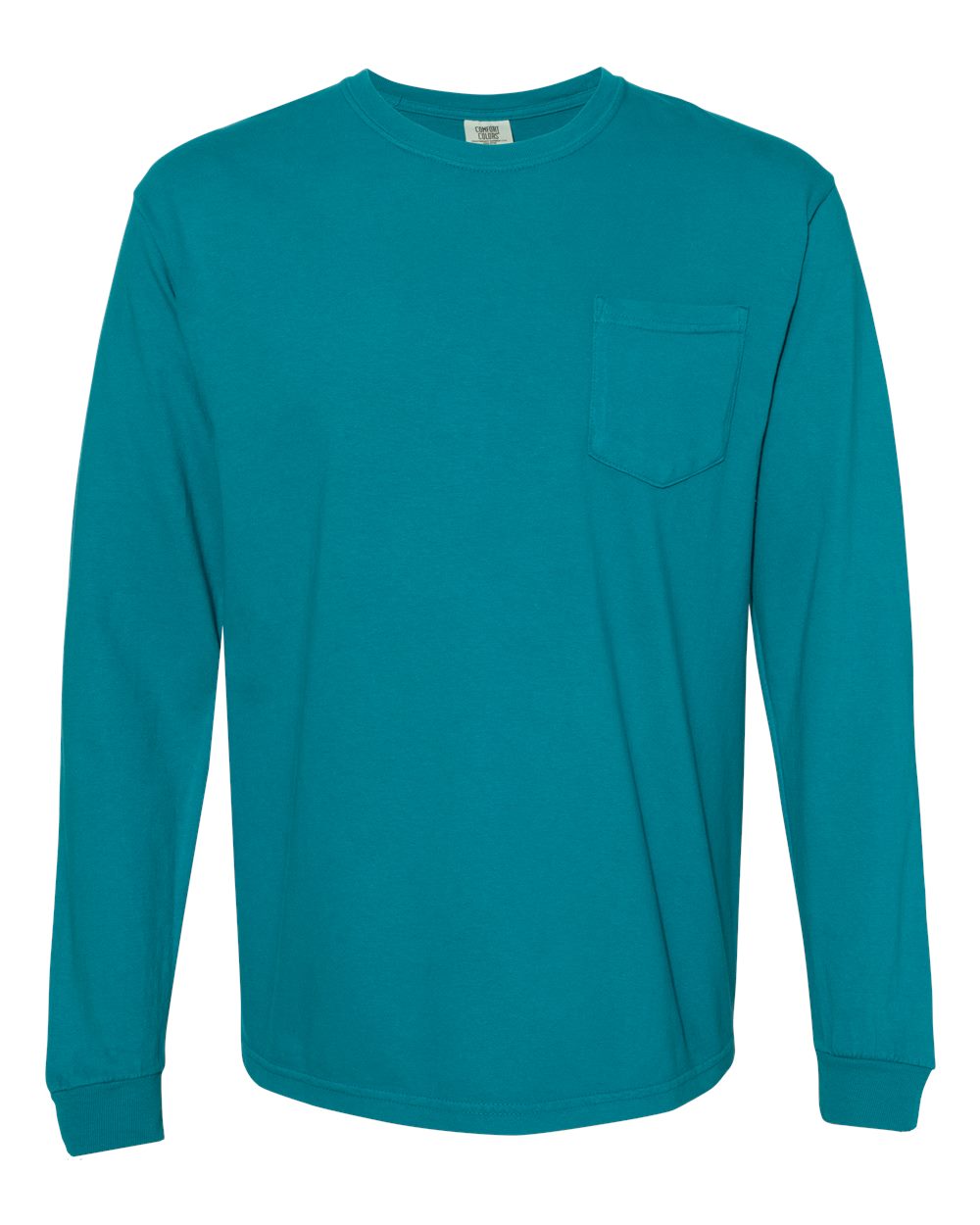 Front View of Topaz Blue Garment-Dyed Heavyweight Long Sleeve Pocket T-Shirt - 4410