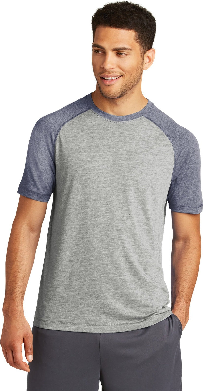 Front View of Tr Navy He/LGH Sport-Tek PosiCharge Tri-Blend Wicking Raglan Tee. ST400