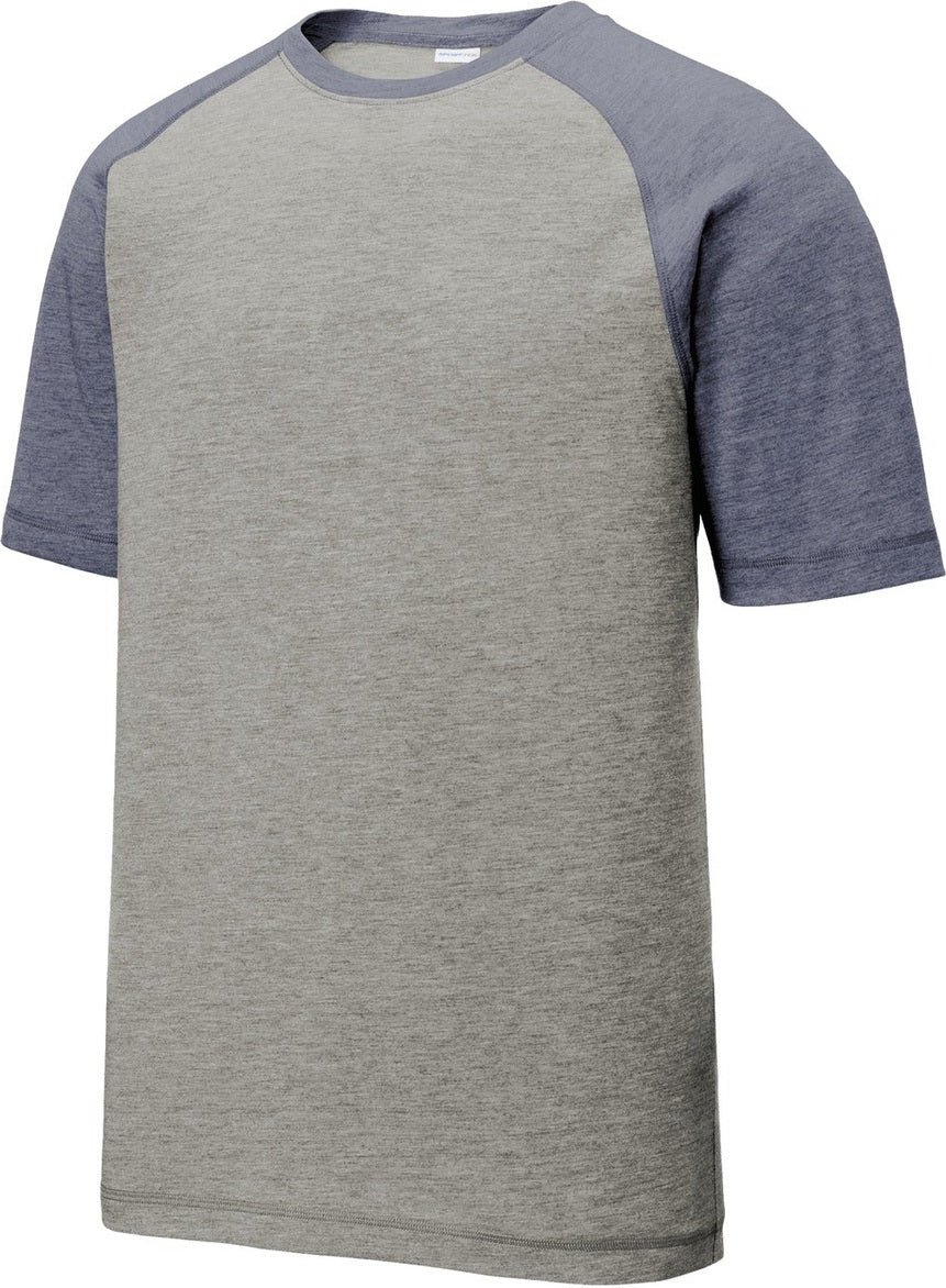Front View of Tr Navy He/LGH Sport-Tek PosiCharge Tri-Blend Wicking Raglan Tee. ST400