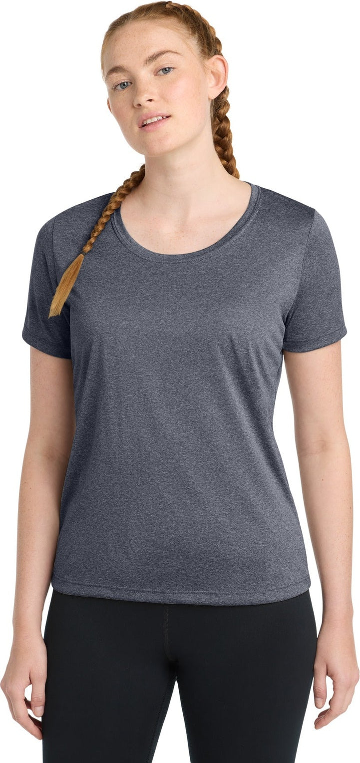 Front View of Tr Navy Hthr Sport-Tek Women's Heather Contender Scoop Neck Tee. LST360