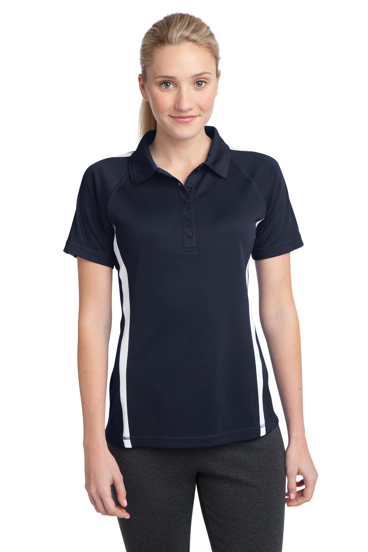 Front View of Tr Navy/White Sport-Tek Women's PosiCharge Micro-Mesh Colorblock Polo. LST685