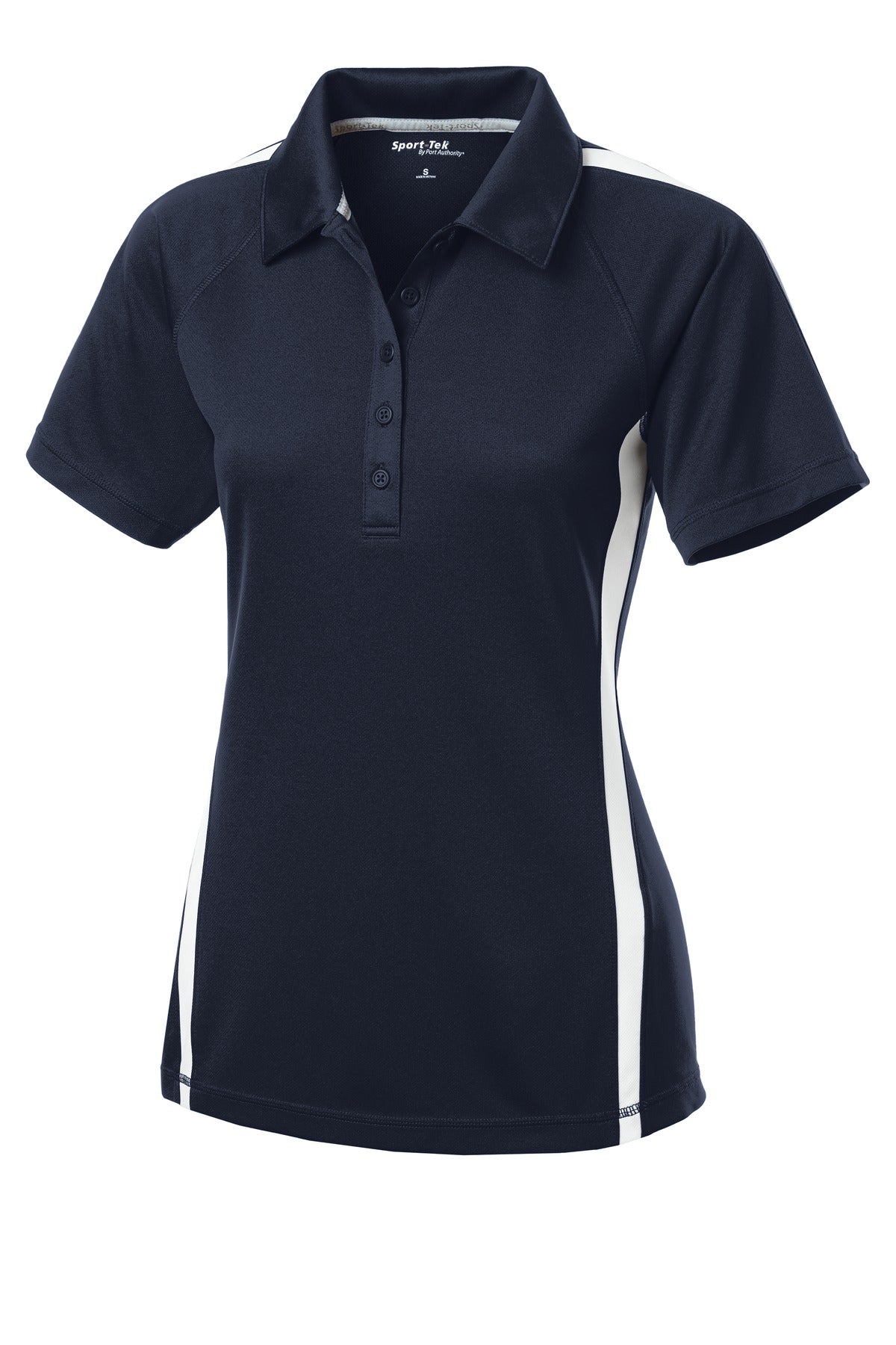 Front View of Tr Navy/White Sport-Tek Women's PosiCharge Micro-Mesh Colorblock Polo. LST685