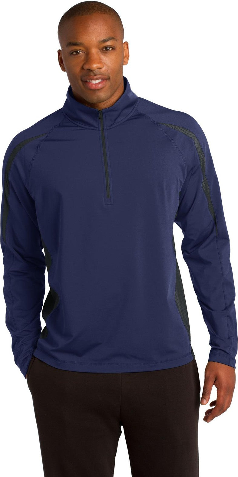 Front View of Tr Nvy/Char Gy Sport-Tek Sport-Wick Stretch 1/4-Zip Colorblock Pullover. ST851