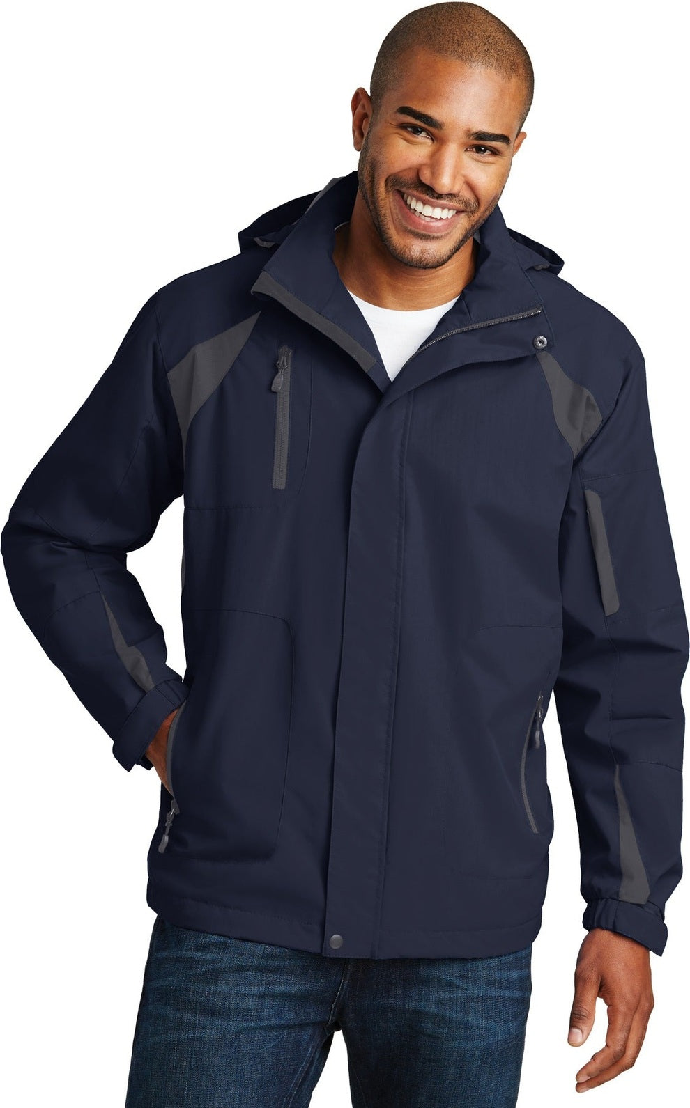 Front View of Tr Nvy/Irn Gry Port Authority All-Season II Jacket. J304