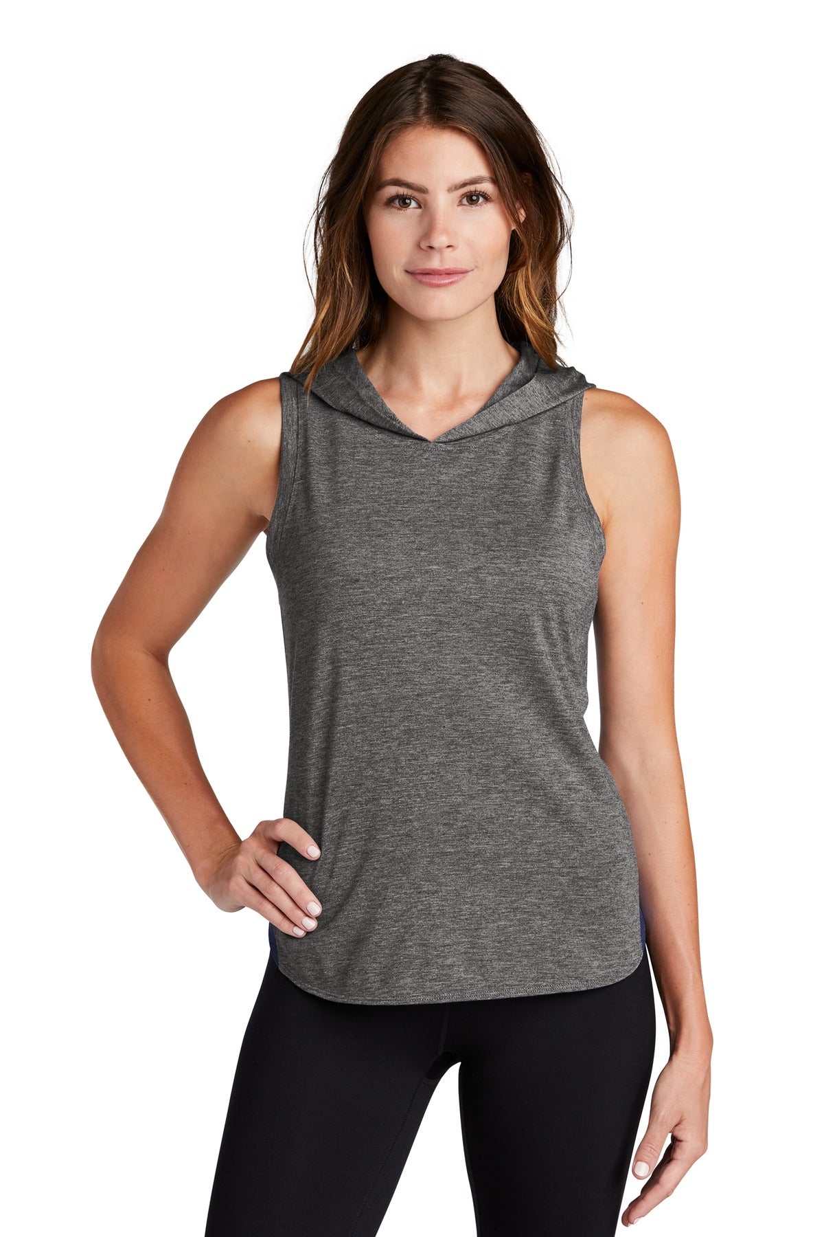 Front View of Tr Ny/Dk Gy He Sport-Tek Women's PosiCharge Tri-Blend Wicking Draft Hoodie Tank. LST410
