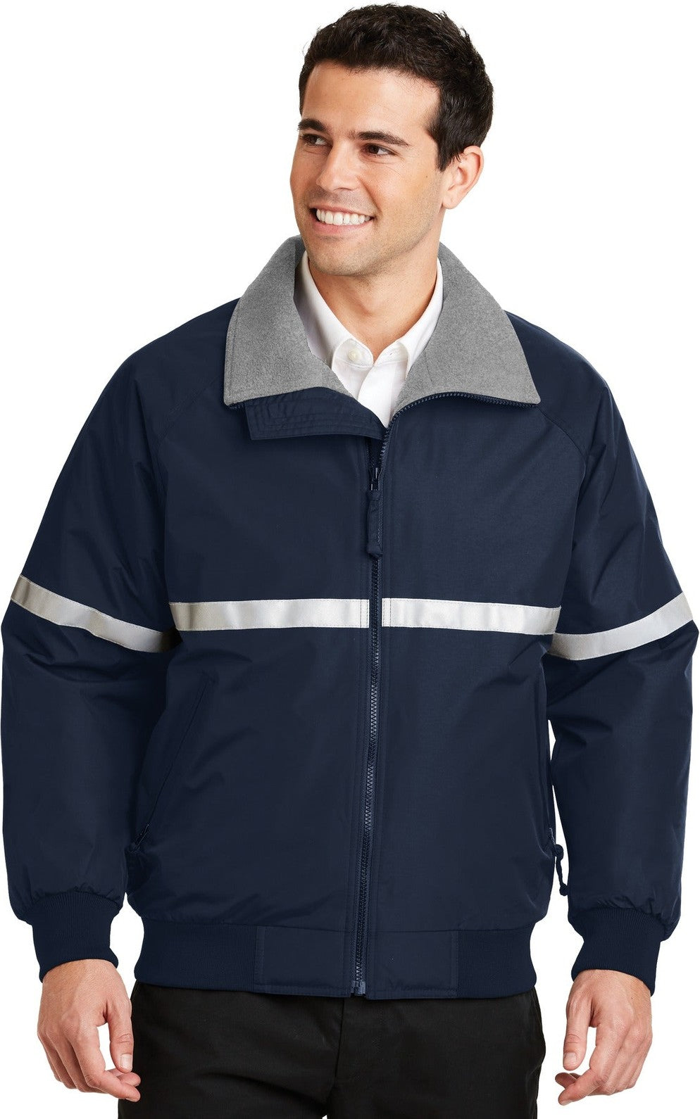 Front View of Tr Ny/Gry/Refl Port Authority Challenger Jacket with Reflective Taping J754R
