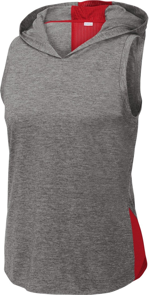 Front View of Tr Rd/Dk Gy He Sport-Tek Women's PosiCharge Tri-Blend Wicking Draft Hoodie Tank. LST410