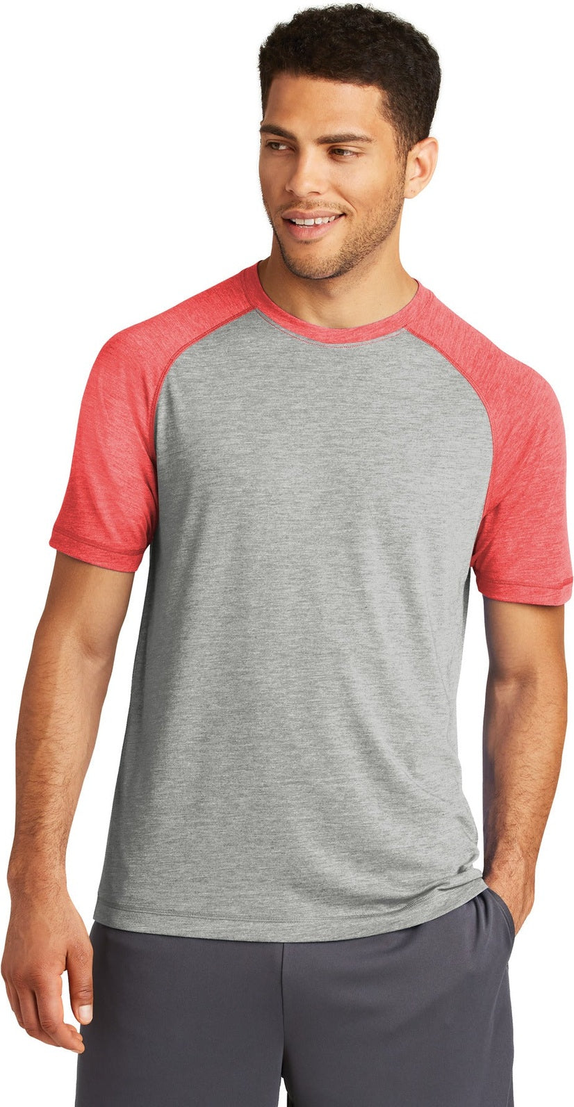 Front View of Tr Red Hth/LGH Sport-Tek PosiCharge Tri-Blend Wicking Raglan Tee. ST400