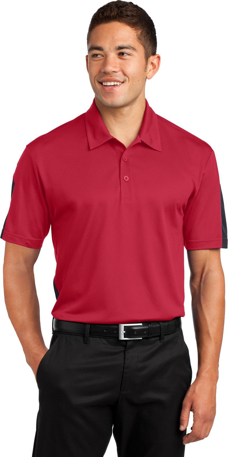 Front View of Tr Red/Grey Sport-Tek PosiCharge Active Textured Colorblock Polo. ST695