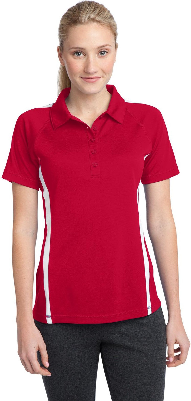 Front View of Tr Red/White Sport-Tek Women's PosiCharge Micro-Mesh Colorblock Polo. LST685