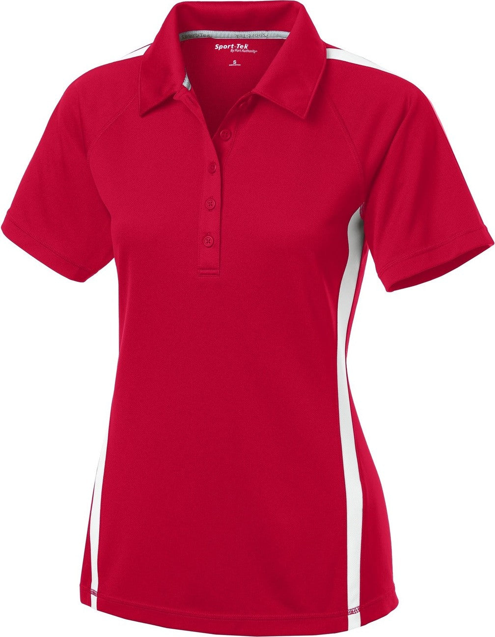 Front View of Tr Red/White Sport-Tek Women's PosiCharge Micro-Mesh Colorblock Polo. LST685