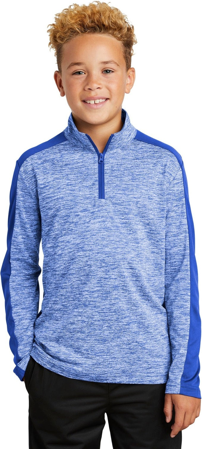 Front View of Tr Roy El/T Ry Sport-Tek Youth PosiCharge Electric Heather Colorblock 1/4-Zip Pullover. YST397