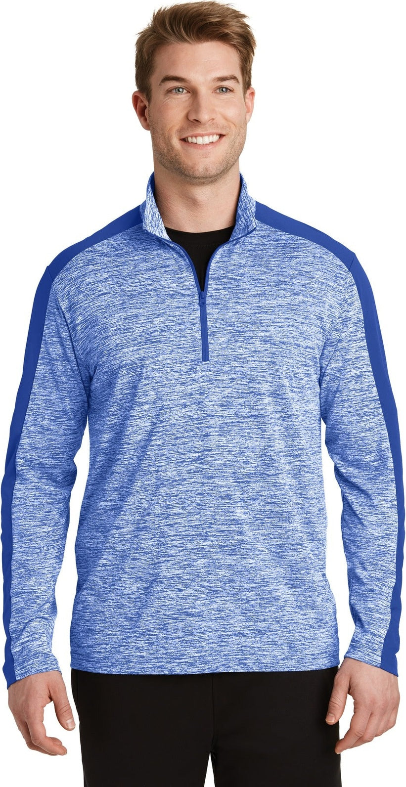 Front View of Tr Roy E/Tr Ry Sport-Tek PosiCharge Electric Heather Colorblock 1/4-Zip Pullover. ST397