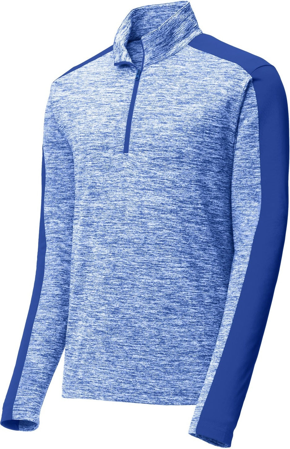 Front View of Tr Roy E/Tr Ry Sport-Tek PosiCharge Electric Heather Colorblock 1/4-Zip Pullover. ST397