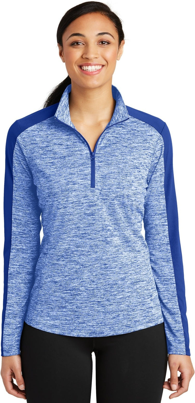 Front View of Tr Roy E/Tr Ry Sport-Tek Women's PosiCharge Electric Heather Colorblock 1/4-Zip Pullover. LST397