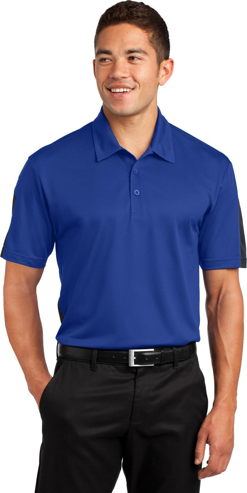 Front View of Tr Royal/Grey Sport-Tek PosiCharge Active Textured Colorblock Polo. ST695