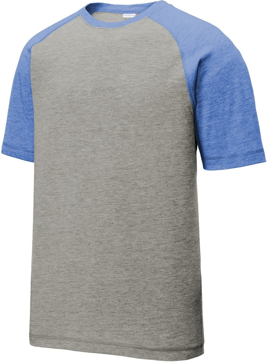 Front View of Tr Royl He/LGH Sport-Tek PosiCharge Tri-Blend Wicking Raglan Tee. ST400