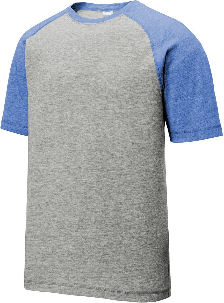 Front View of Tr Royl He/LGH Sport-Tek PosiCharge Tri-Blend Wicking Raglan Tee. ST400