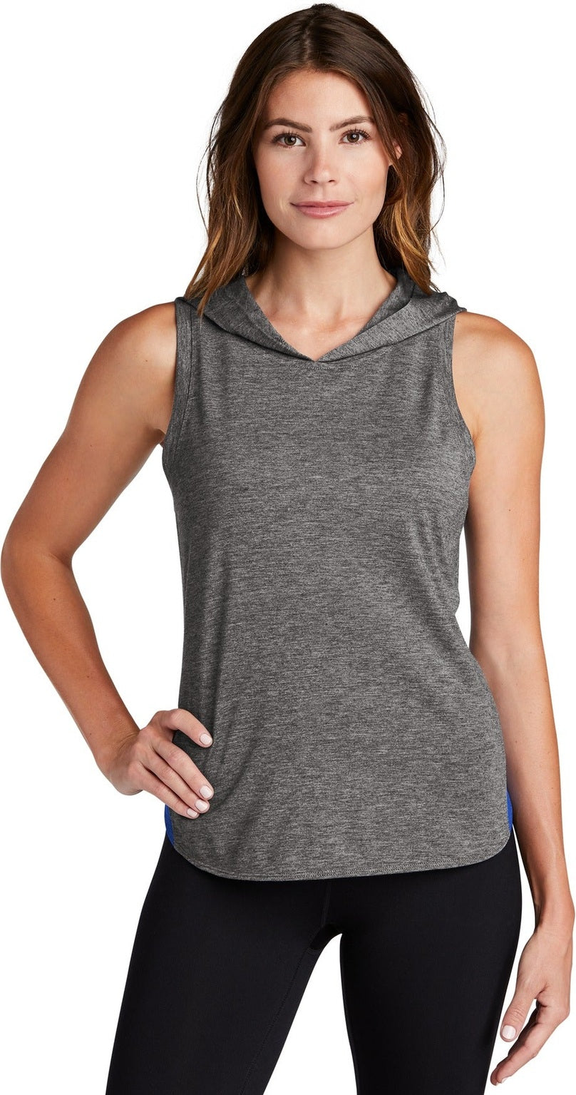 Front View of Tr Ry/Dk Gy He Sport-Tek Women's PosiCharge Tri-Blend Wicking Draft Hoodie Tank. LST410