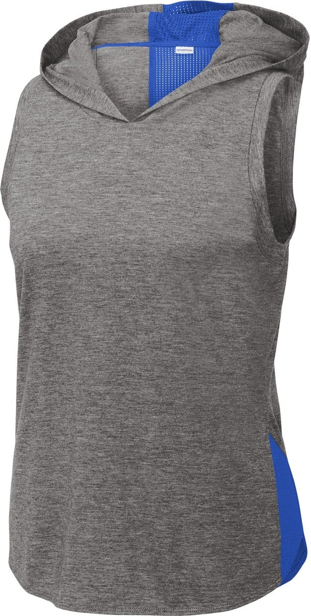 Front View of Tr Ry/Dk Gy He Sport-Tek Women's PosiCharge Tri-Blend Wicking Draft Hoodie Tank. LST410