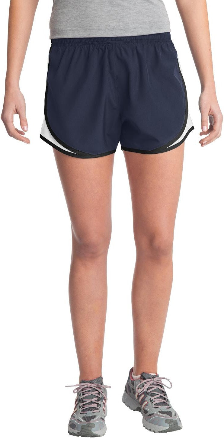Front View of TrNavy/Wht/Blk Sport-Tek Women's Cadence Short. LST304