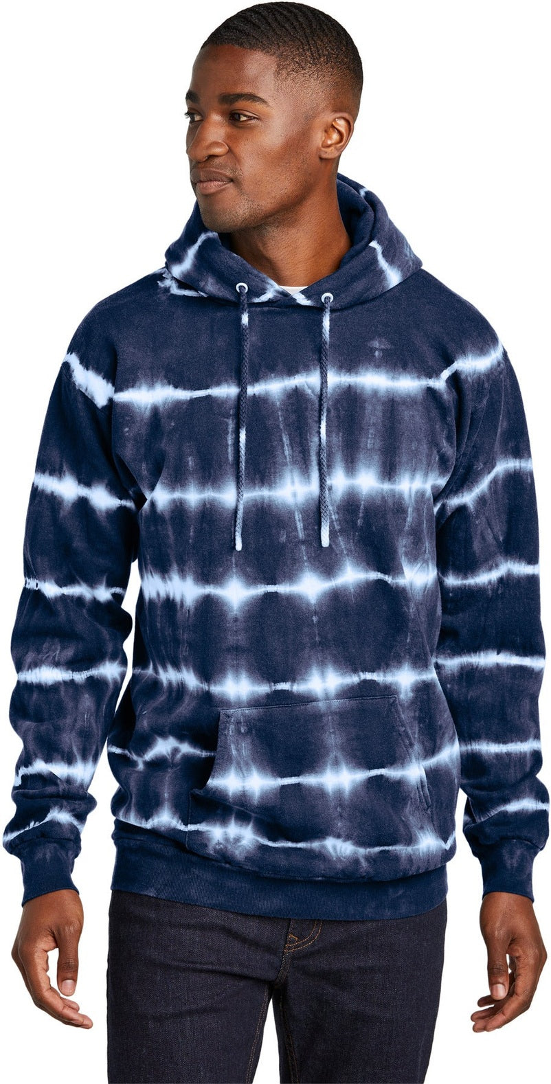 Front View of TrNv/White Port & Co Allover Stripe Tie-Dye Fleece PC143
