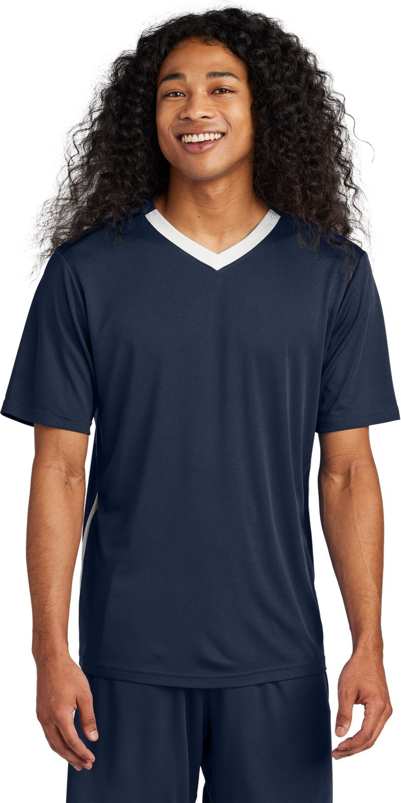 Front View of TrNv/White Sport-Tek Competitor United V-Neck ST101