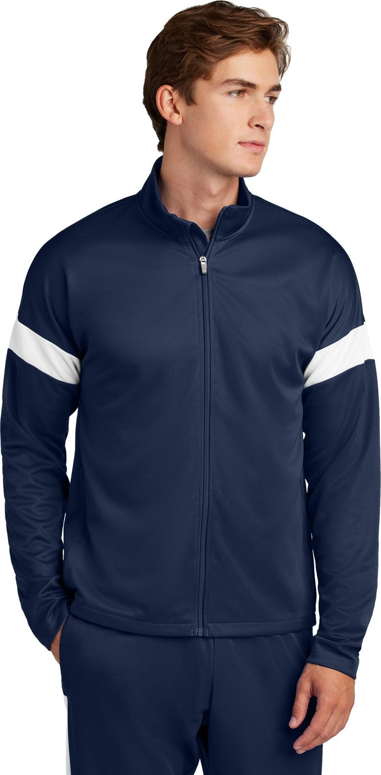 Front View of TrNv/White Sport-Tek Travel Full-Zip Jacket ST800